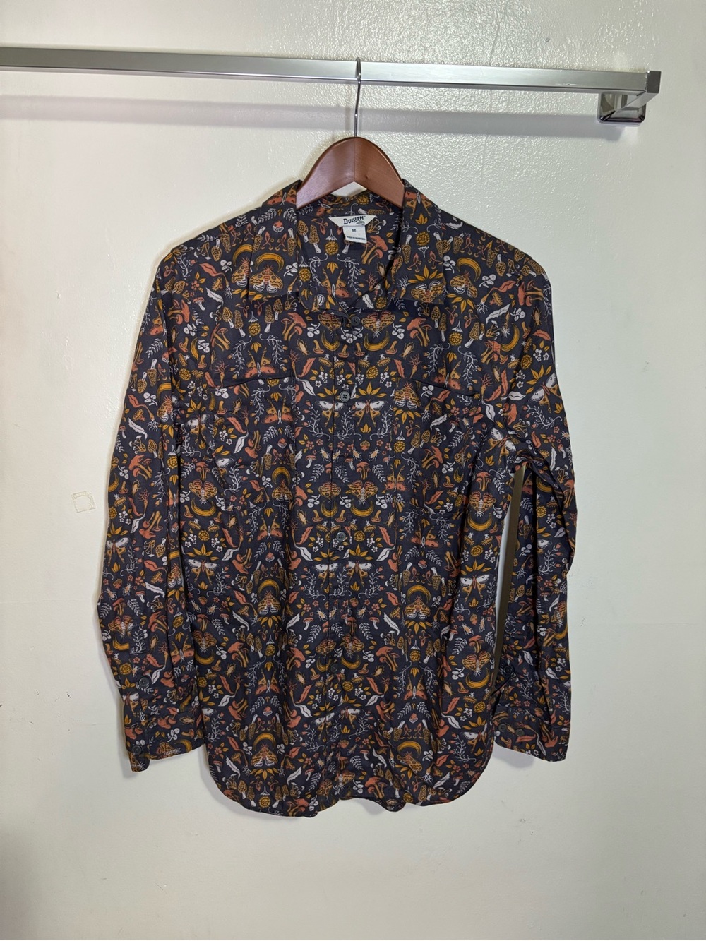 Duluth Woman’s Mushroom And Moth Button Up Long Sleeved Shirt, Retired Print